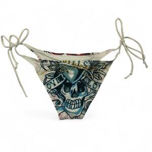 Y2K Ed Hardy bikini bottoms blue skull graphic and 'LOVE' and HATE' text  size M